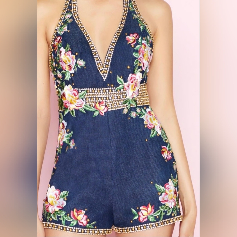 Mac Duggal Navy Floral Embroidered Halter Romper with Gold Beading